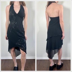 Vintage 90s Black Dress, 1990s Floral Halter Flowy Asymmetrical Dress